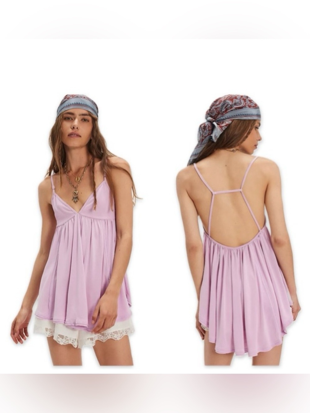 Free People Trixie Tunic Top blush lilac purple v neck strappy Size Large